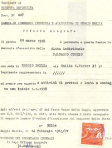 Lo storico certificato di iscrizione alla CCIAA del 1958